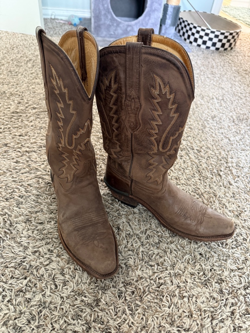 Old West Tan & Brown Embroidered Leather Cowboy Boots